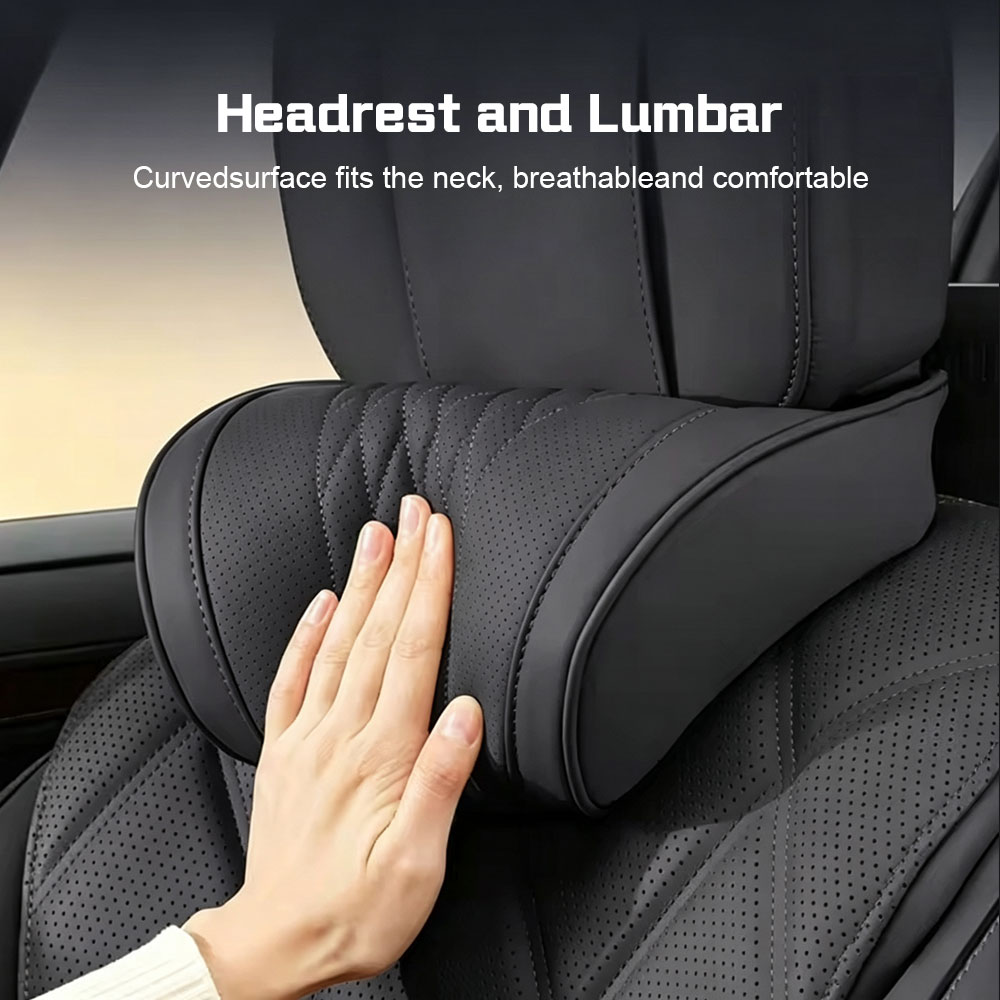Memory Foam Car Neck Pillow Lumbar Support - Breathable Leather Car Headrest Lumbar Support